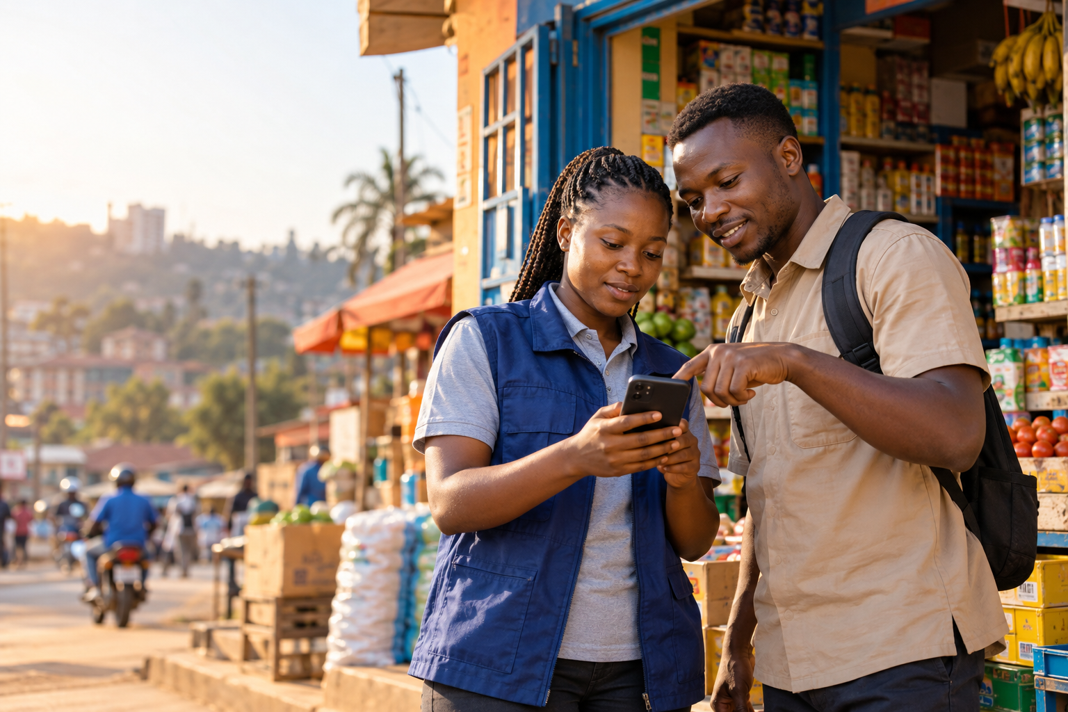 Illustrative field team reviewing a phone outside a neighborhood shop